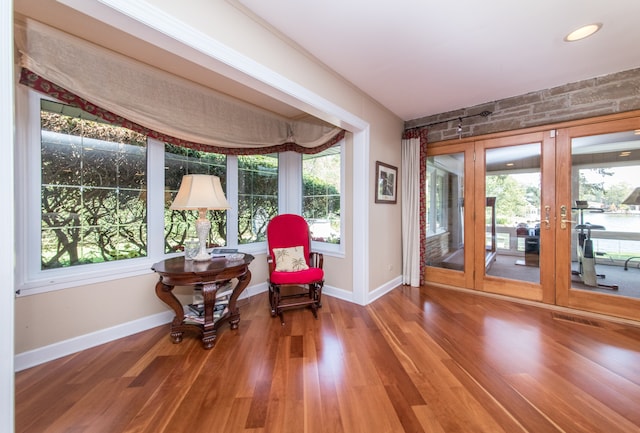 living area featuring wood-type flooring, plenty of natural light, and french doors