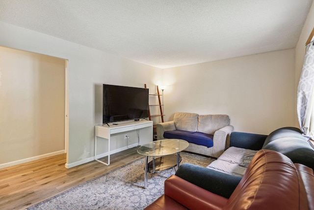 living room featuring wood-type flooring and a textured ceiling