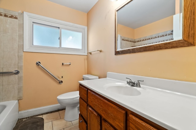 full bathroom featuring tiled shower / bath combo, vanity, tile patterned flooring, and toilet