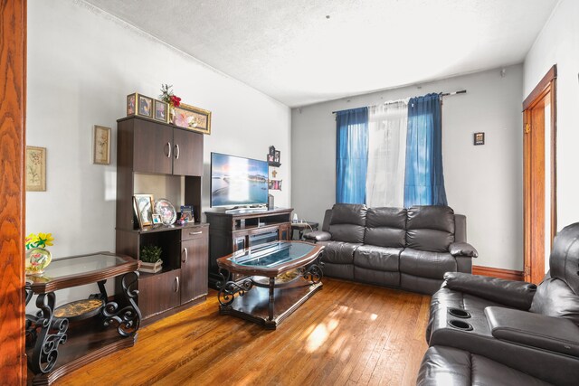 living room with light hardwood / wood-style flooring and a textured ceiling