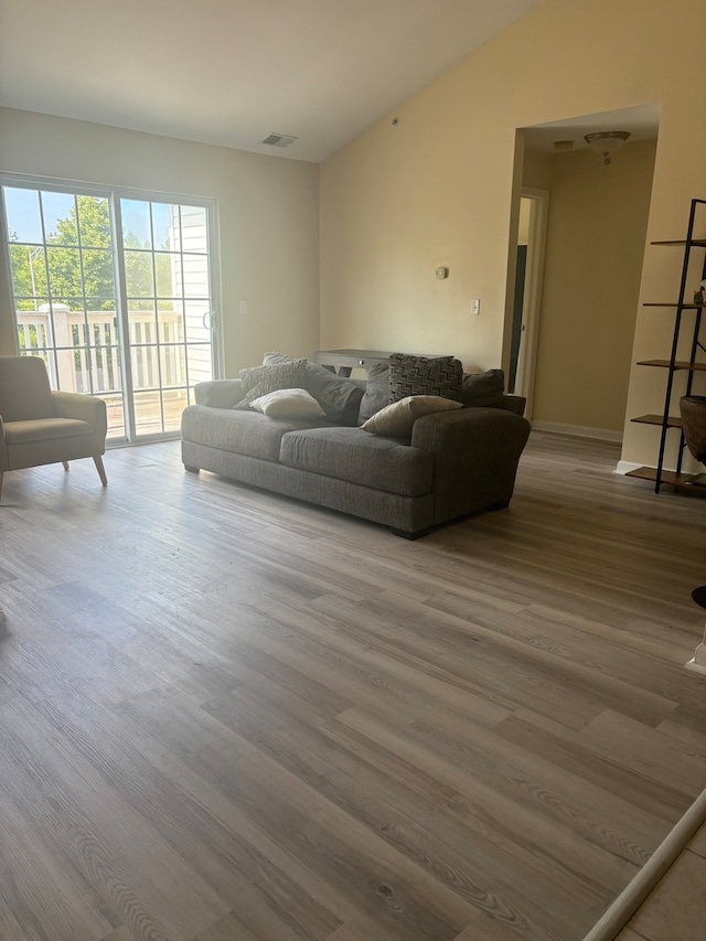 living room with lofted ceiling and wood-type flooring