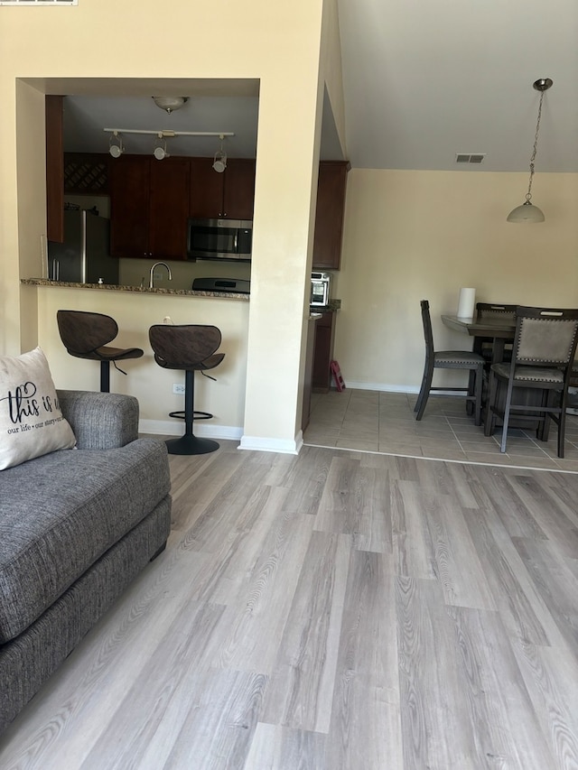 living room featuring sink, light hardwood / wood-style flooring, and rail lighting