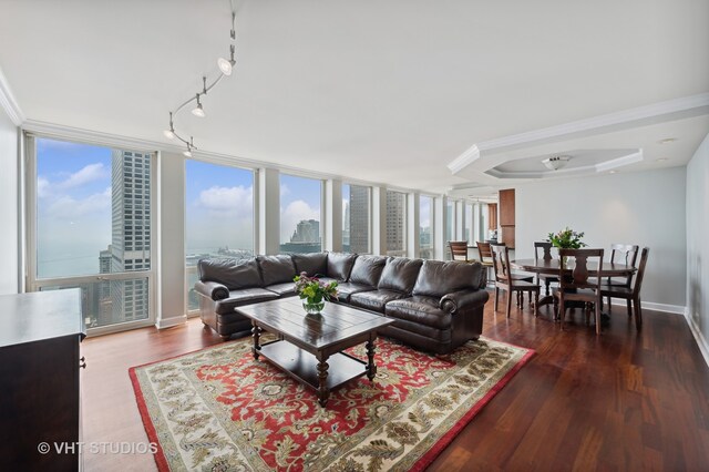 living room featuring floor to ceiling windows and hardwood / wood-style flooring