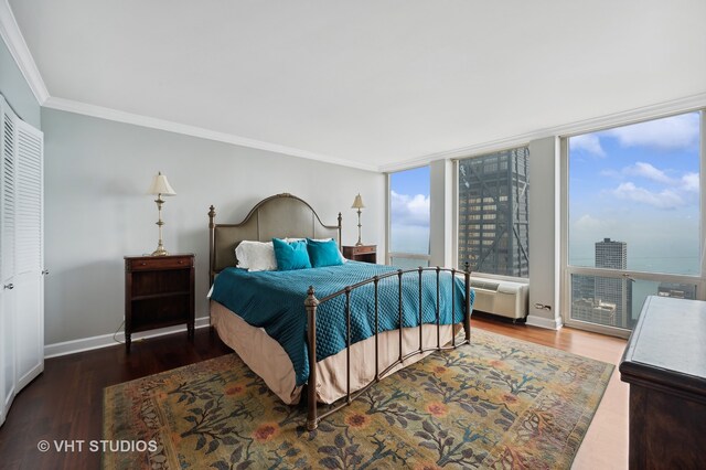 bedroom featuring wood-type flooring and multiple windows