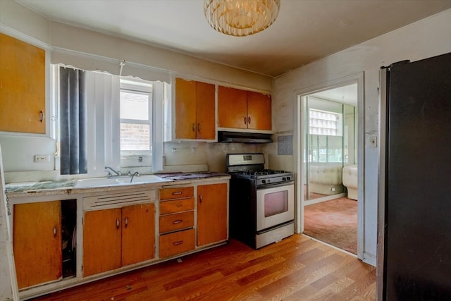 kitchen featuring fridge, carpet floors, plenty of natural light, and gas stove