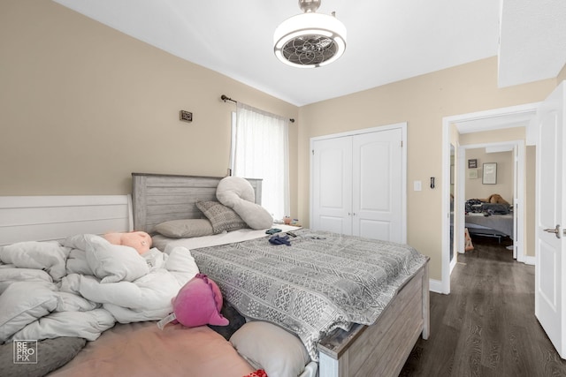 bedroom featuring dark hardwood / wood-style floors and a closet