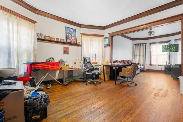 office featuring ornamental molding and wood-type flooring