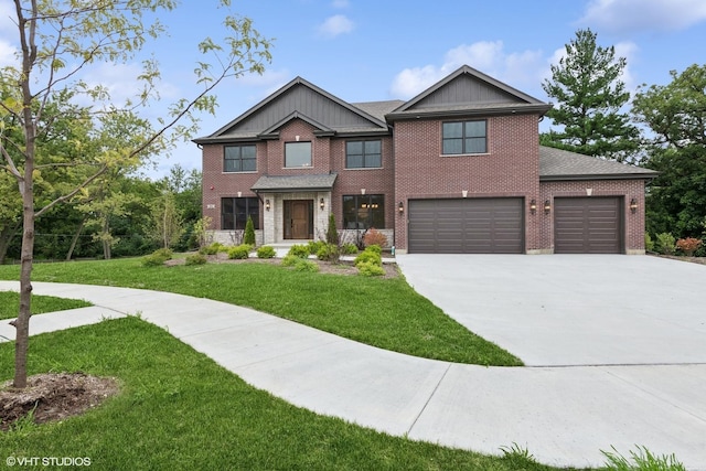 craftsman inspired home featuring a garage and a front yard