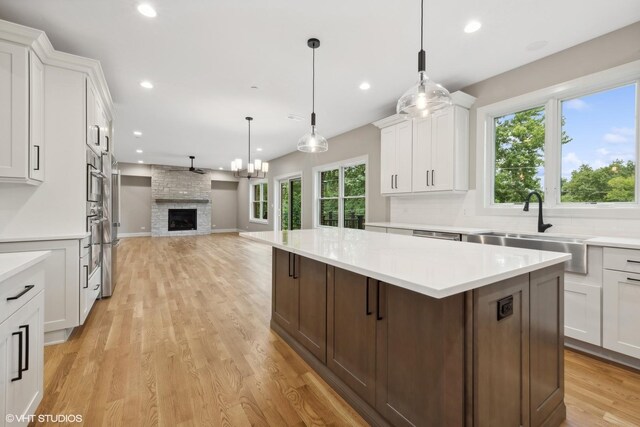 kitchen with a fireplace, light hardwood / wood-style floors, a healthy amount of sunlight, and tasteful backsplash