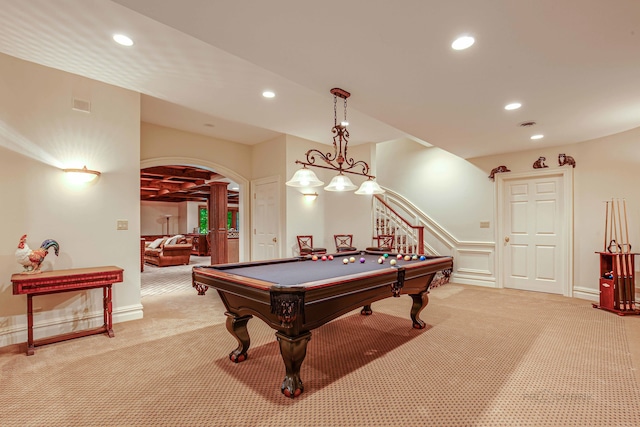 game room with light carpet and pool table