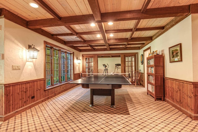 546 Lakeland Dr, Lake Bluff, IL 60044 - playroom featuring a wainscoted wall, beam ceiling, wooden walls, coffered ceiling, and recessed lighting