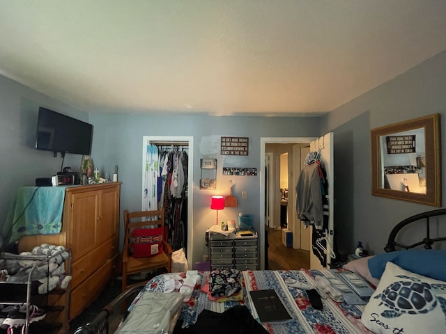 bedroom with a closet and hardwood / wood-style flooring