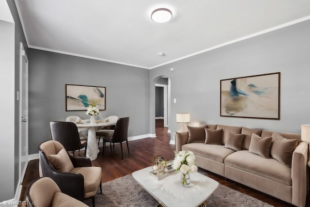 living room with crown molding and dark hardwood / wood-style floors