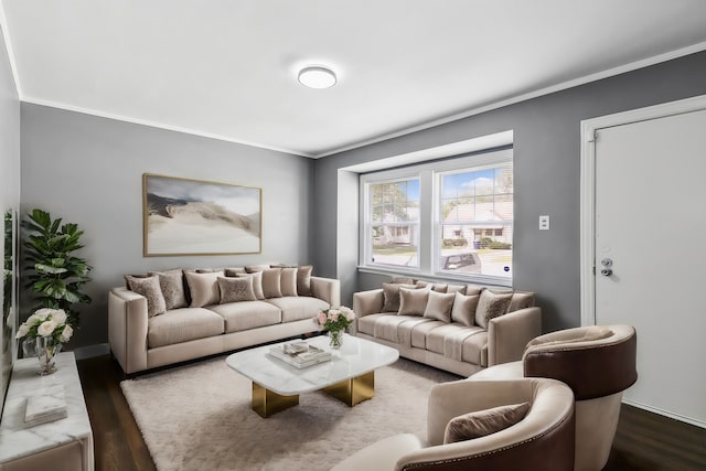 living room featuring dark wood-type flooring and crown molding