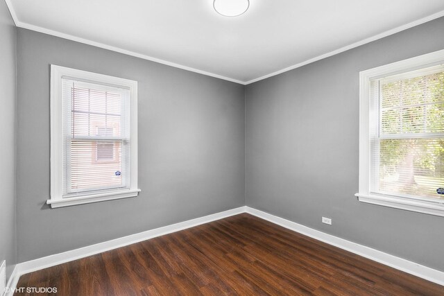 empty room with crown molding, wood-type flooring, and a healthy amount of sunlight