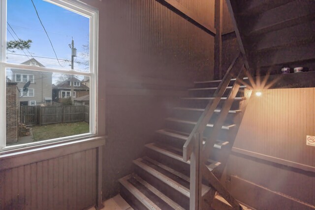 staircase with wooden walls