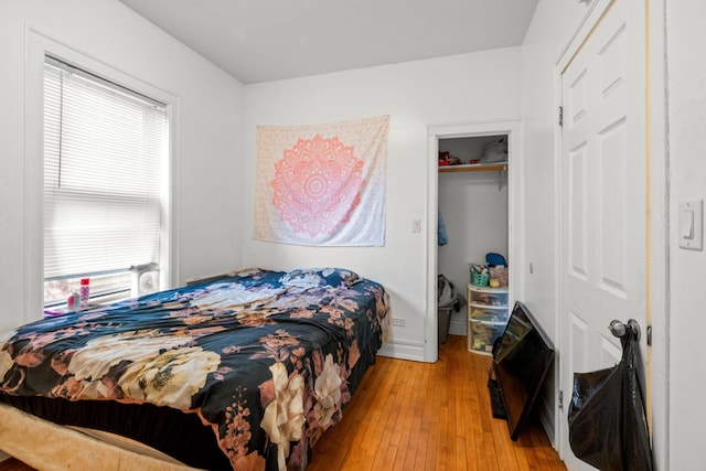 bedroom featuring a closet, light hardwood / wood-style flooring, and multiple windows