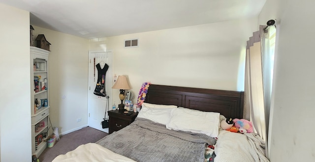 bedroom featuring dark colored carpet and a closet