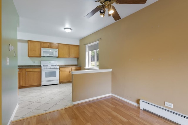 kitchen with ceiling fan, white appliances, a baseboard radiator, and light hardwood / wood-style floors