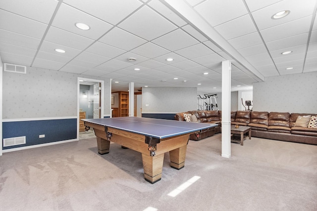 game room with light carpet, wallpapered walls, billiards, and visible vents