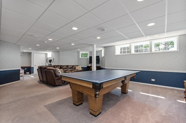 game room featuring carpet floors, wallpapered walls, recessed lighting, and wainscoting