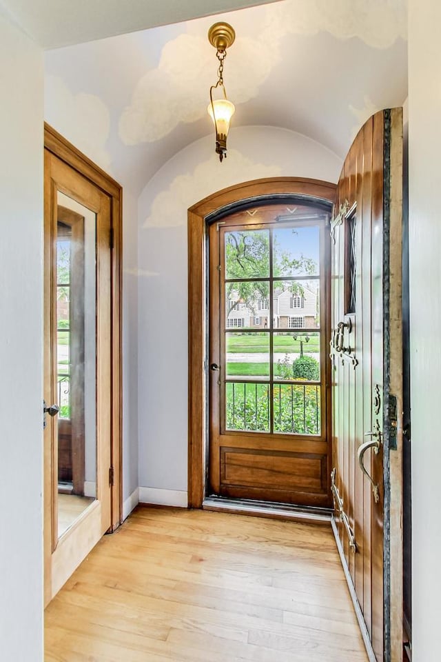 doorway to outside with light hardwood / wood-style floors and a wealth of natural light