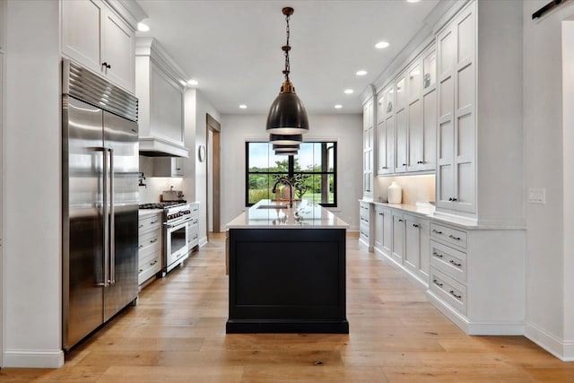 kitchen with sink, light hardwood / wood-style flooring, a kitchen island with sink, high quality appliances, and white cabinets