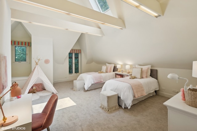 carpeted bedroom featuring vaulted ceiling