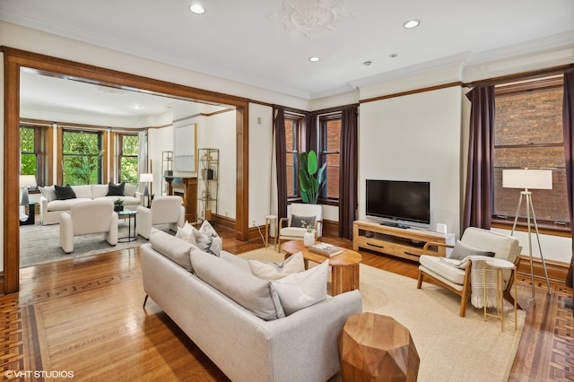 living room featuring ornamental molding and wood-type flooring