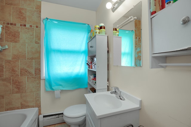 bathroom featuring a baseboard heating unit, vanity, and toilet