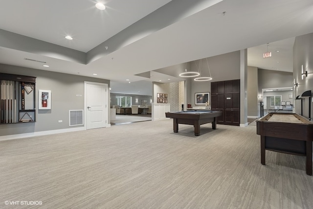 recreation room featuring light colored carpet and billiards