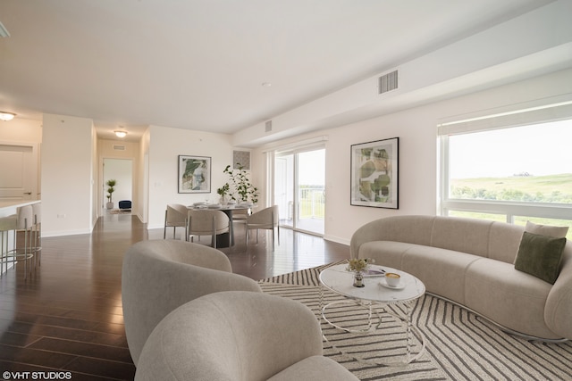 living room with dark hardwood / wood-style flooring