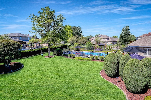 view of yard with fence and a fenced in pool