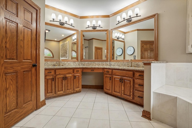 bathroom featuring a sink, double vanity, ornamental molding, and tile patterned flooring