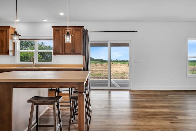 kitchen with a healthy amount of sunlight, hanging light fixtures, wood-type flooring, and sink