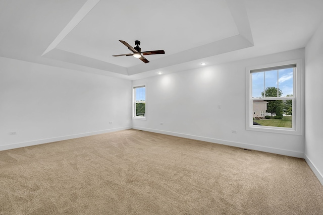 unfurnished room with a tray ceiling, a healthy amount of sunlight, light carpet, and ceiling fan