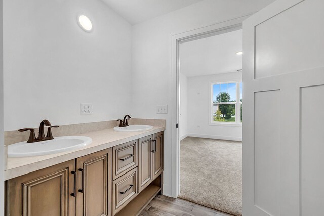 bathroom featuring dual vanity and hardwood / wood-style floors