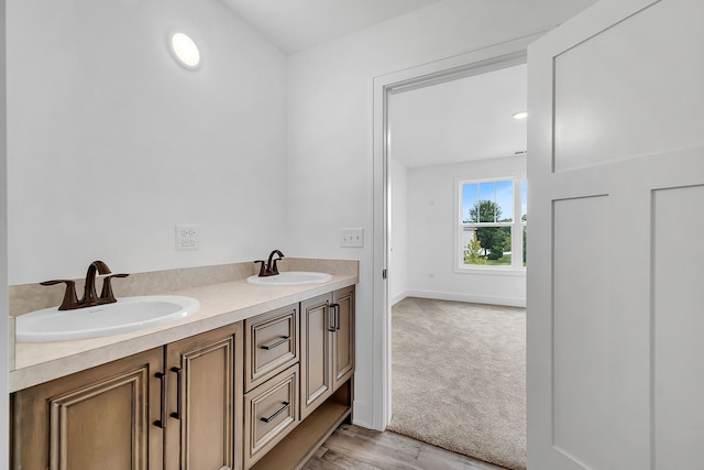 bathroom with double vanity, baseboards, and a sink