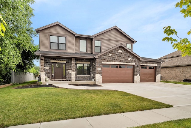 view of front of home with a garage, driveway, brick siding, and a front yard