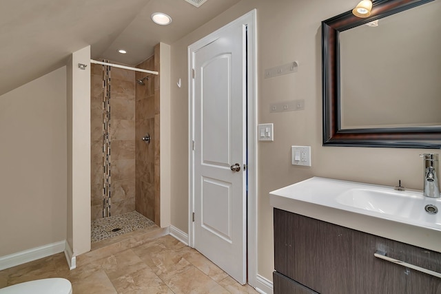 bathroom with tile patterned flooring, an enclosed shower, toilet, and vanity