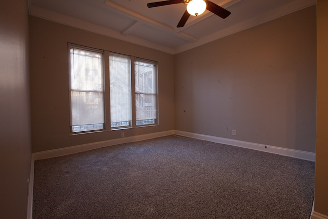 unfurnished room featuring ceiling fan, coffered ceiling, and carpet