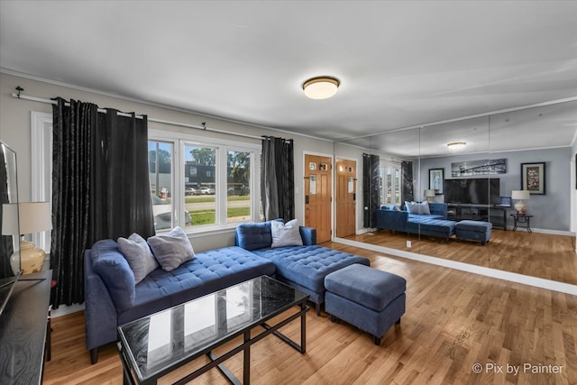 living room with hardwood / wood-style flooring and ornamental molding