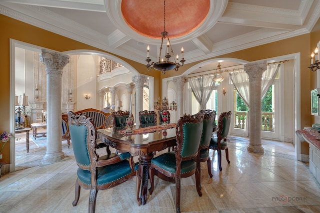 dining room featuring arched walkways, coffered ceiling, an inviting chandelier, and ornate columns