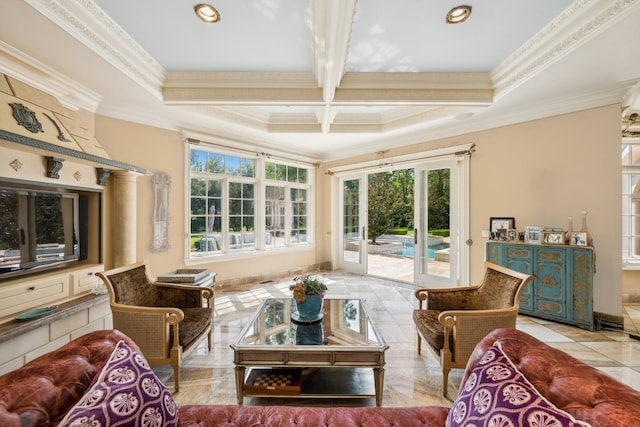 interior space featuring crown molding, beamed ceiling, a healthy amount of sunlight, and coffered ceiling