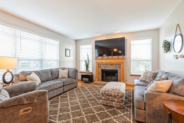 living room with a fireplace