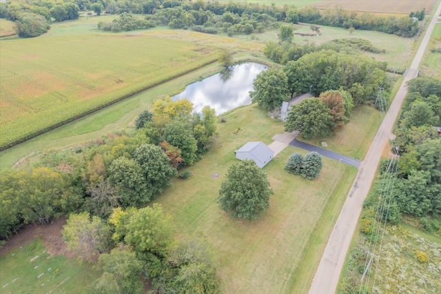 aerial view featuring a water view and a rural view