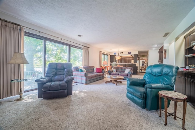 carpeted living room with a textured ceiling