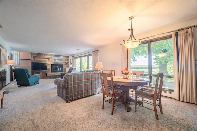 dining room featuring light carpet, a textured ceiling, and a baseboard radiator