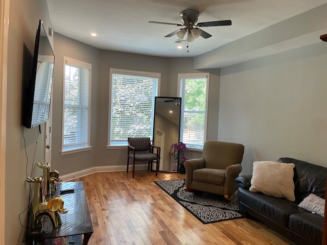 living room featuring ceiling fan and light hardwood / wood-style flooring