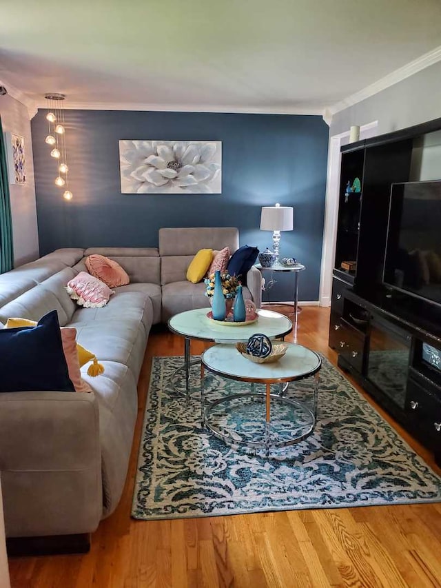 living room featuring hardwood / wood-style flooring and ornamental molding